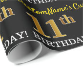 Schwarz, Nachahmung Gold "11. BIRTHDAY" Geschenkpapier (Rolleneckpunkt)