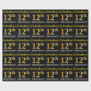 Schwarz, Nachahmung Gold "12. BIRTHTAG" Geschenkpapier