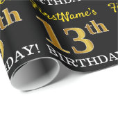 Schwarz, Nachahmung Gold "13. GEBURTSTAG" Geschenkpapier (Rolleneckpunkt)