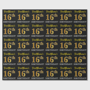 Schwarz, Nachahmung Gold "16. GEBURTSTAG" Geschenkpapier