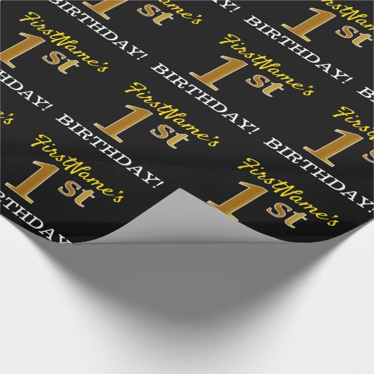 Schwarz, Nachahmung Gold "1. BIRTHDAY" Geschenkpapier (Ecke)