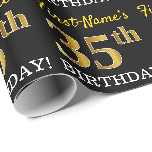Schwarz, Nachahmung Gold "35. BIRTHDAY" Geschenkpapier (Rolleneckpunkt)
