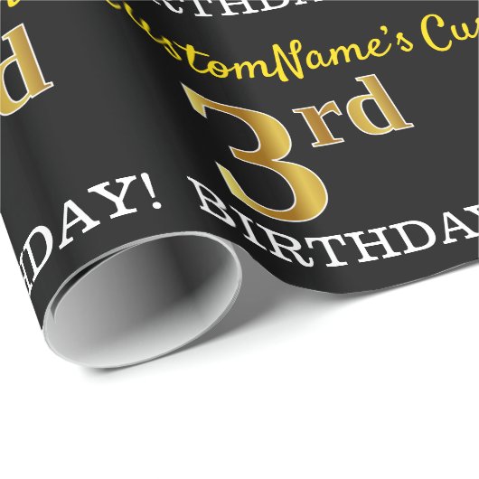 Schwarz, Nachahmung Gold "3. BIRTHDAY" Geschenkpapier (Rolleneckpunkt)