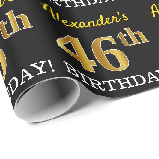 Schwarz, Nachahmung Gold "46. GEBURTSTAG" Geschenkpapier (Rolleneckpunkt)