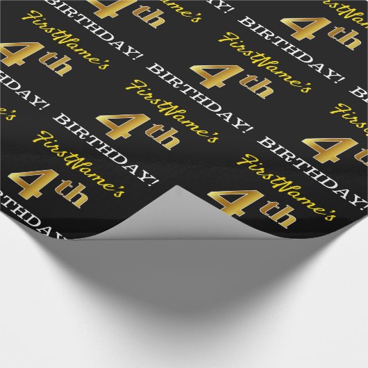 Schwarz, Nachahmung Gold "4. BIRTHDAY" Geschenkpapier (Ecke)