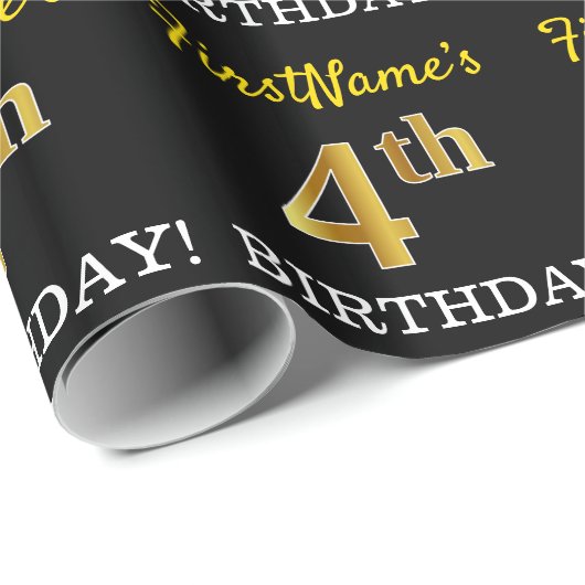 Schwarz, Nachahmung Gold "4. BIRTHDAY" Geschenkpapier (Rolleneckpunkt)