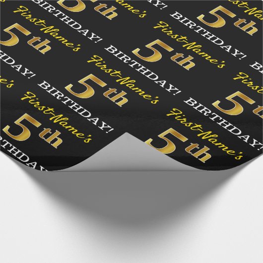 Schwarz, Nachahmung Gold "5. BIRTHDAY" Geschenkpapier (Ecke)