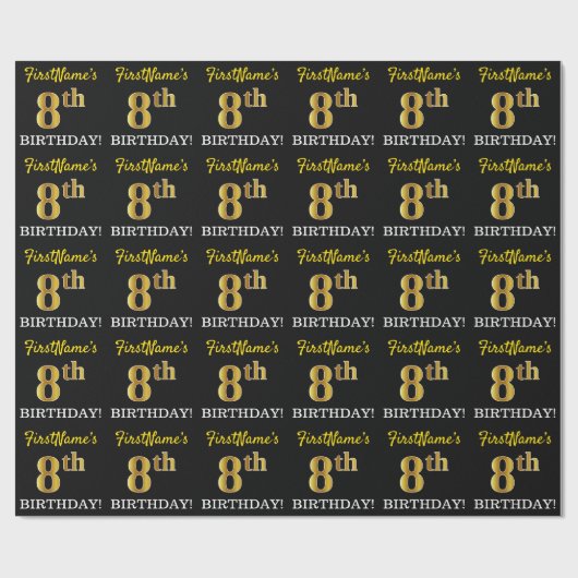 Schwarz, Nachahmung Gold "8. BIRTHDAY" Geschenkpapier (Flach)