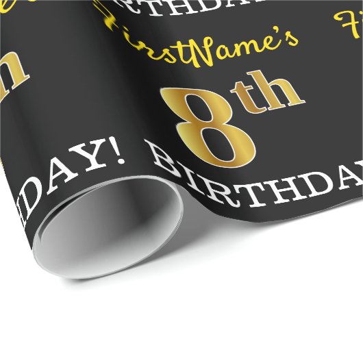 Schwarz, Nachahmung Gold "8. BIRTHDAY" Geschenkpapier (Rolleneckpunkt)