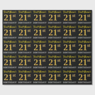 Schwarz, Nachahmungs-Gold "21. BIRTHDAY" Geschenkpapier