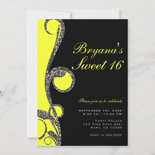 Schwarz-Neon-Gelber Glitzer Swirl Sweet 16 Party Einladung (Vorderseite)