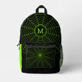 Schwarz-Neon-Grün-Spinnennetz Halloween Monogram Bedruckter Rucksack (Vorderseite)
