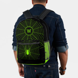 Schwarz-Neon-Grün-Spinnennetz Halloween Monogram Bedruckter Rucksack