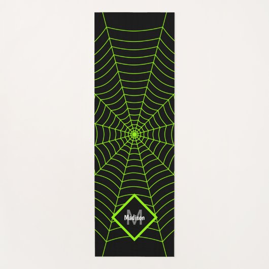 Schwarz-Neon-Grün-Spinnennetz Halloween Monogram Yogamatte (Vorderseite)