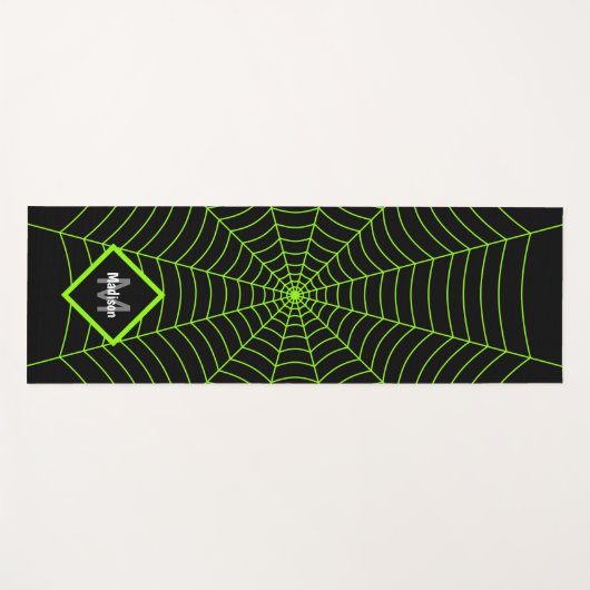 Schwarz-Neon-Grün-Spinnennetz Halloween Monogram Yogamatte (Vorderseite (Horizontal))