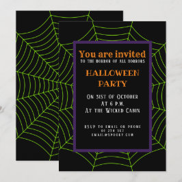 Schwarz-Neon-Grün-Spinnennetz Halloween-Muster Einladung