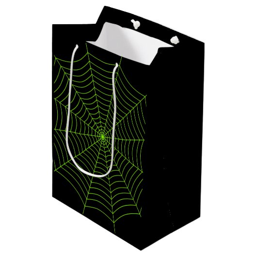 Schwarz-Neon-Grün-Spinnennetz Halloween-Muster Mittlere Geschenktüte (Vorderseite Schrägansicht)