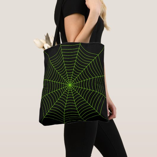 Schwarz-Neon-Grün-Spinnennetz Halloween-Muster Tasche (Von Nahem)