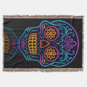 Schwarz, Neon-Zuckerschädel/Día de los Muertos-Wil Decke