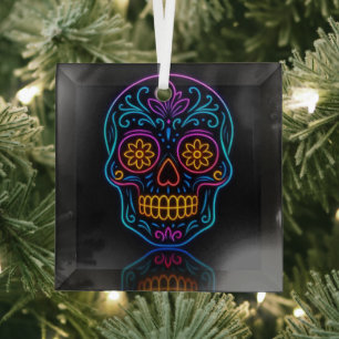 Schwarz, Neon-Zuckerschädel/Día de los Muertos-Wil Ornament Aus Glas