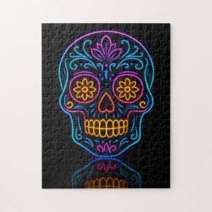 Schwarz, Neon-Zuckerschädel/Día de los Muertos-Wil Puzzle