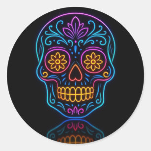 Schwarz, Neon-Zuckerschädel/Día de los Muertos Wil Runder Aufkleber