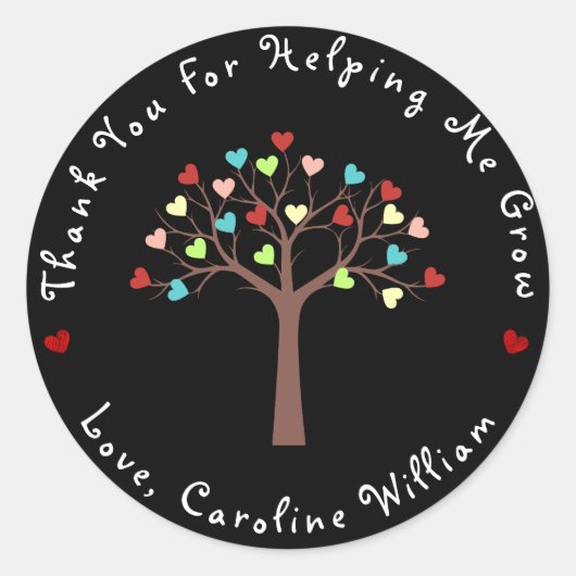 Schwarz | Niedlicher Herzbaum Vielen Dank Runder Aufkleber (Vorderseite)