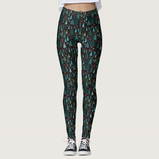 Schwarz Niedlicher Weihnachtsbaum Print Leggings (Vorderseite)
