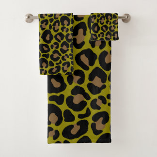 schwarz & olivgrün Tierprint Leopard Badhandtuch Set