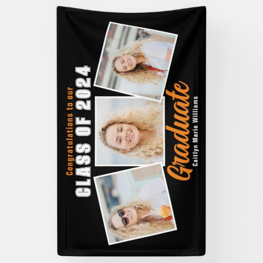 Schwarz-Orange-Abschluss FotoCollage 2024 Party Banner (Vertikal)