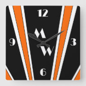 Schwarz-Orange Art Deco Design Mit Monogramm Quadratische Wanduhr (Vorderseite)