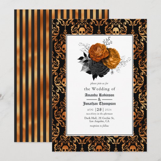 Schwarz-Orange-Blumengotik Einladung (Vorne/Hinten)
