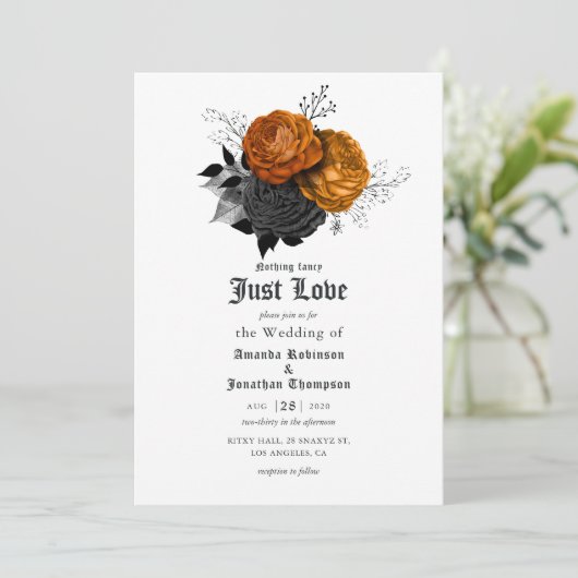 Schwarz-Orange-Blumengotik Einladung zur Hochzeit (Stehend Vorderseite)