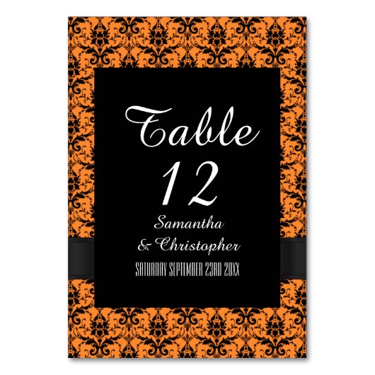 Schwarz-Orange-Damast-Muster Tischnummer (Vorderseite)