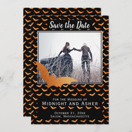 Schwarz-Orange-Foil-Bat Halloween Hochzeit Save The Date (Vorne/Hinten)