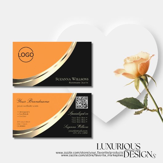 Schwarz-Orange-Gold-Dekor mit Logo und QR-Code Visitenkarte