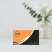 Schwarz-Orange-Gold-Dekor mit Logo und QR-Code Visitenkarte (Stehend Vorderseite)