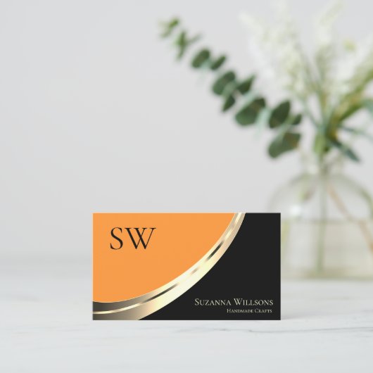 Schwarz-Orange-Gold-Dekoration mit Monogramm und F Visitenkarte (Stehend Vorderseite)