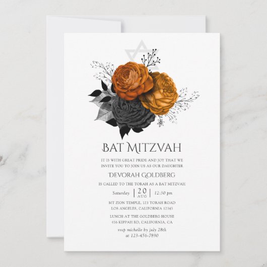 Schwarz-Orange Halloween Floral Bat Mitzvah Einladung (Vorderseite)
