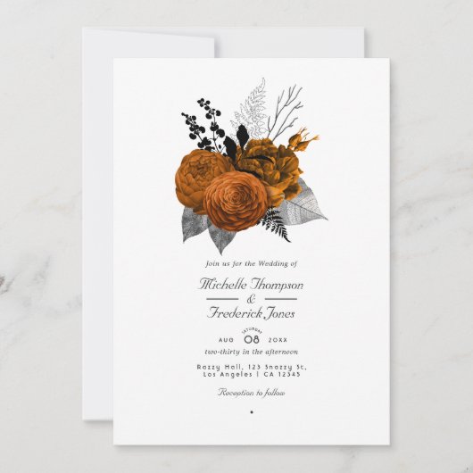 Schwarz-Orange Halloween-Floral QR-Code Hochzeit Einladung (Vorderseite)