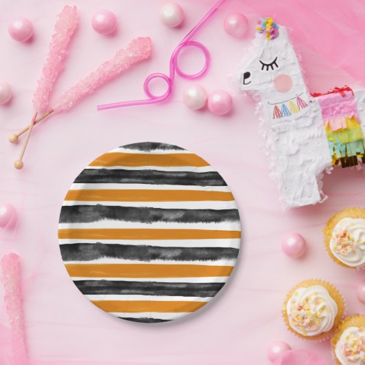 Schwarz-Orange Halloween Wasserfarben Streifen Pappteller (Party)