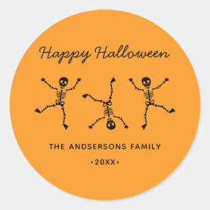 Schwarz & Orange Hand Drawn Skeleton Happy Hallowe Runder Aufkleber
