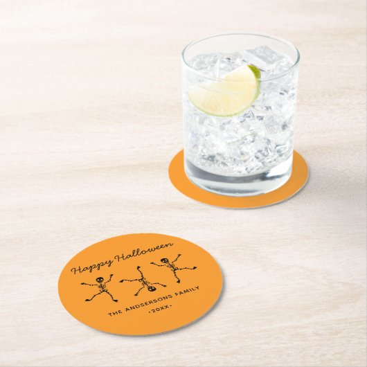 Schwarz & Orange Hand Drawn Skeleton Happy Hallowe Runder Pappuntersetzer (Vor Ort)