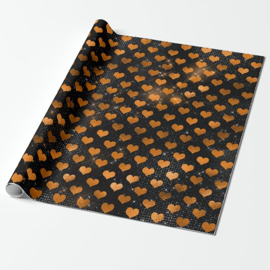 Schwarz-orange Herz-Muster Geschenkpapier (Ungerollt)