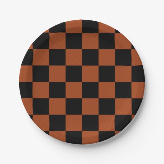 Schwarz-orange karierte Buffalo-Plaid-Quadrate Pappteller (Vorderseite)