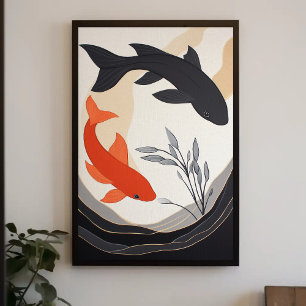 Schwarz-Orange Koi Fish Ästhetische Malerei Poster