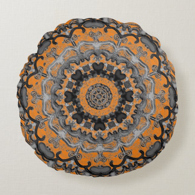Schwarz & Orange Mandala Rundkissen Rundes Kissen (Vorderseite)