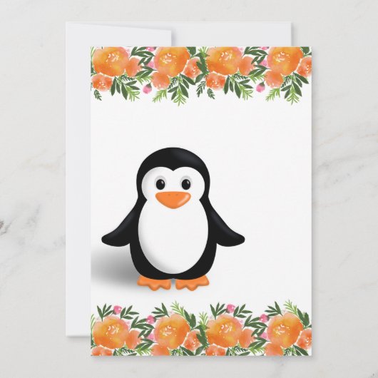 Schwarz-Orange-Penguin | Orange und grüne Blume Einladung (Rückseite)