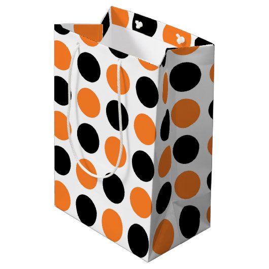 Schwarz-Orange-Polka-Punkte Mittlere Geschenktüte (Rückseite Schrägansicht)