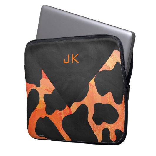Schwarz-Orange-Print, Monogram-Kuh Laptopschutzhülle (Vorderseite Links)